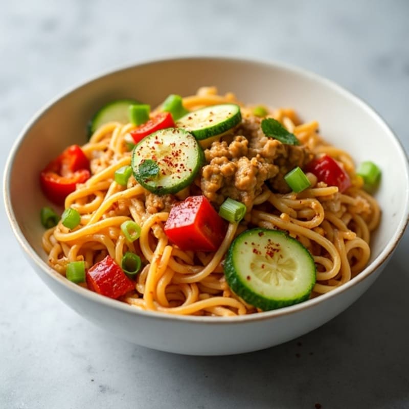 Spicy Ground Chicken Noodles with Creamy Peanut Sauce
