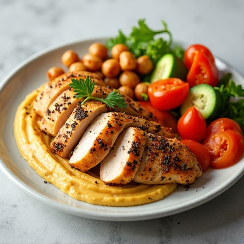 Roasted Chicken with Creamy Hummus, Crispy Chickpeas, and Fresh Vegetables
