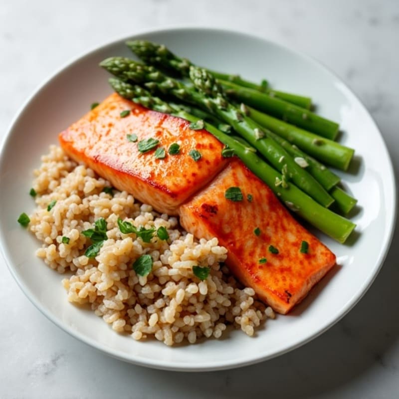 Seared Salmon Fillet with Steamed Asparagus and Brown Rice