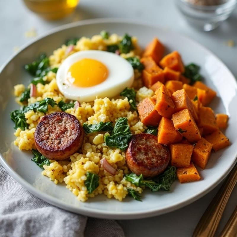 Crispy Turkey Sausage and Spinach Egg Scramble with Sweet Potato Hash