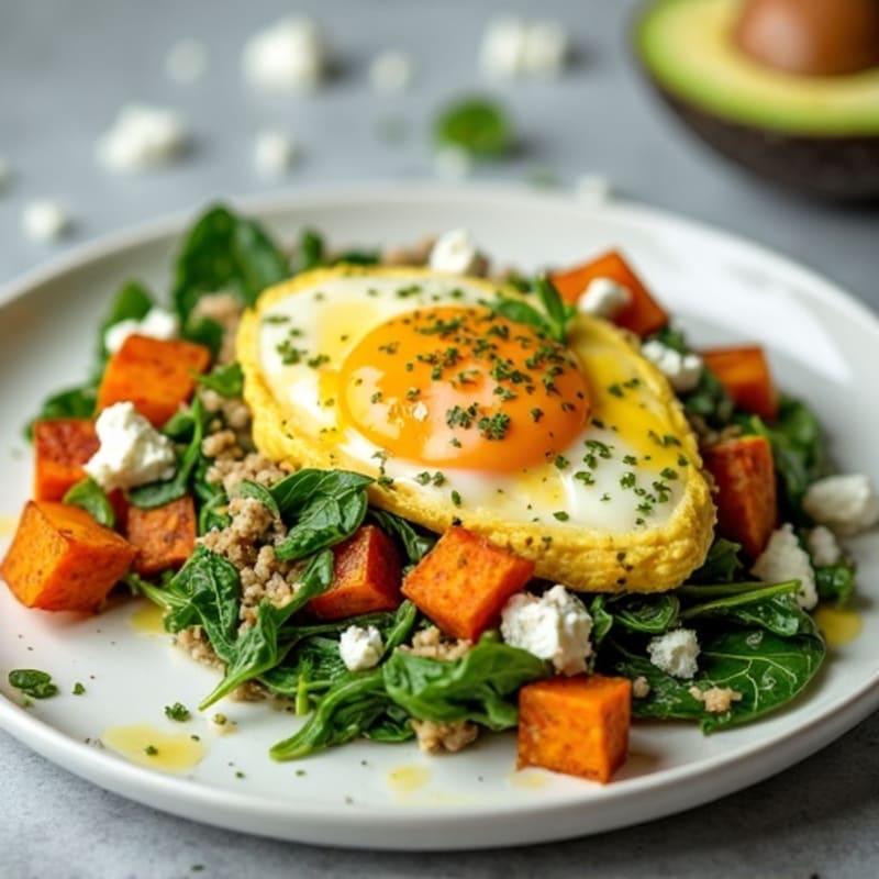 Egg White and Turkey Spinach Scramble with Roasted Sweet Potatoes