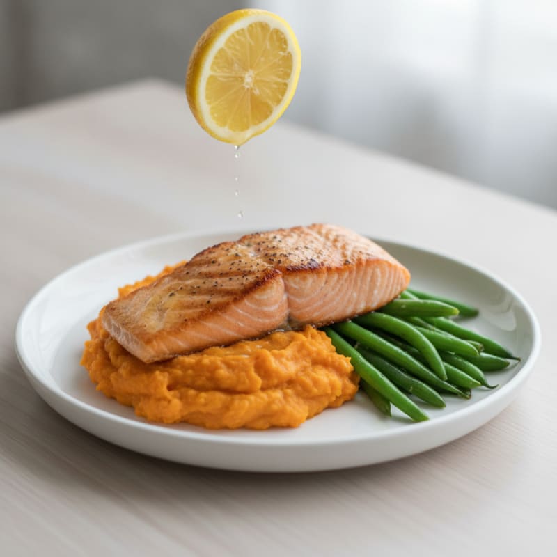 Seared Salmon Fillet with Steamed Green Beans and Sweet Potato Mash