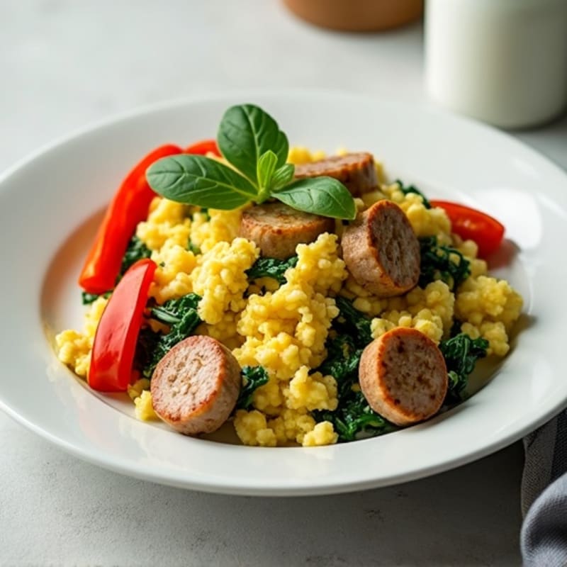 Egg White and Turkey Sausage Scramble with Spinach and Bell Pepper