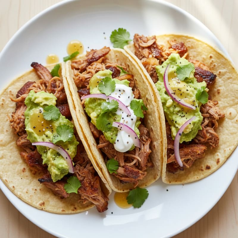 Slow-Cooked Pork Carnitas Tacos with Avocado