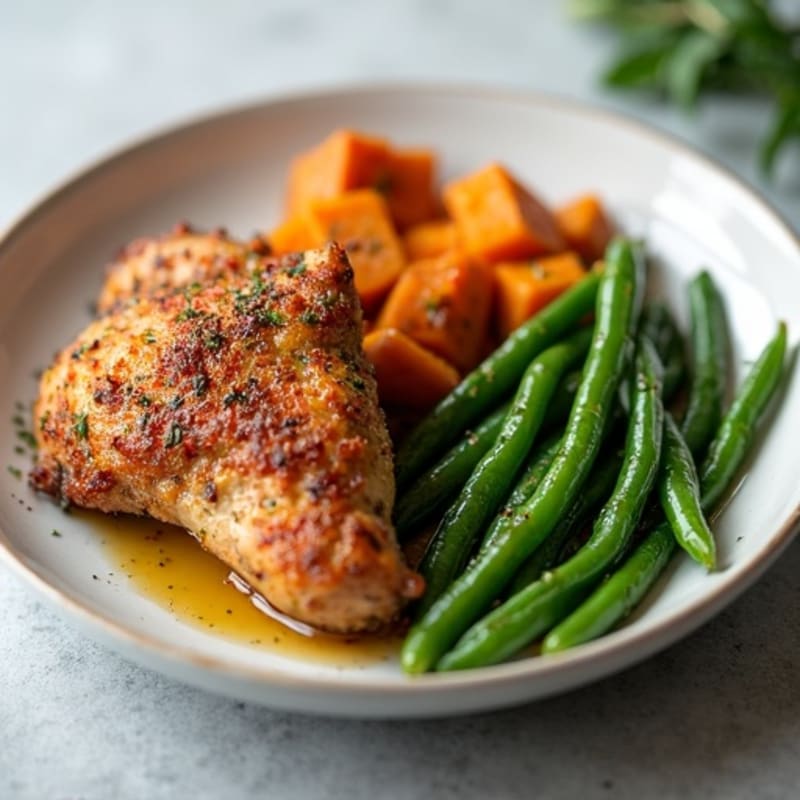 Crispy Baked Chicken Thighs with Warm Spiced Sweet Potatoes and Green Beans