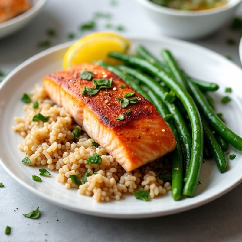 Seared Salmon with Garlic Green Beans and Brown Rice