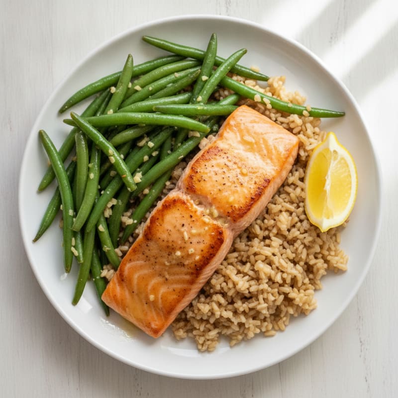 Seared Salmon with Garlic Green Beans and Brown Rice