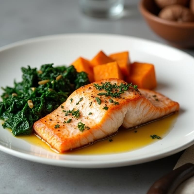 Seared Salmon with Garlic Spinach and Roasted Sweet Potato