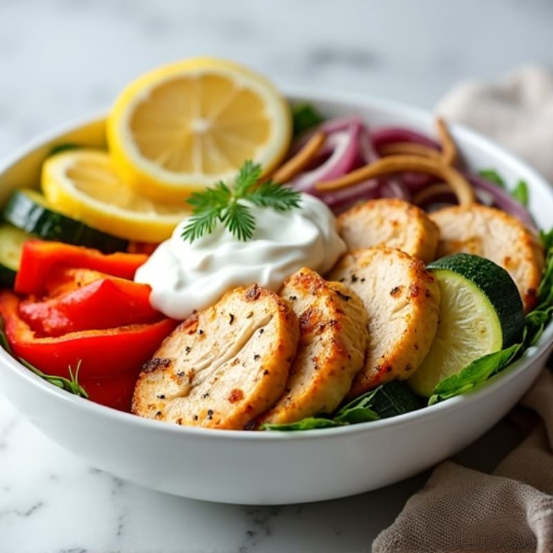Lemon-Garlic Chicken and Roasted Vegetable Bowl with Creamy Dressing