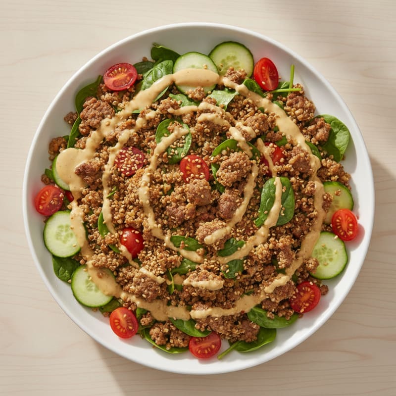 Crispy Beef and Quinoa Salad with Lemon-Tahini Dressing