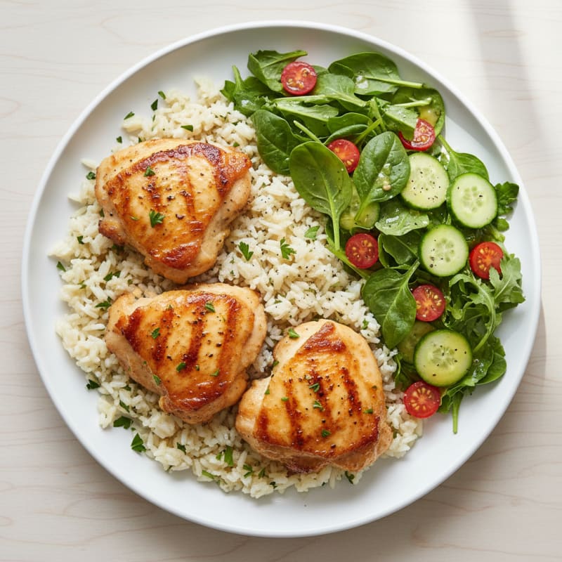 Seared Chicken Thighs with Garlic Rice and Mixed Greens Salad