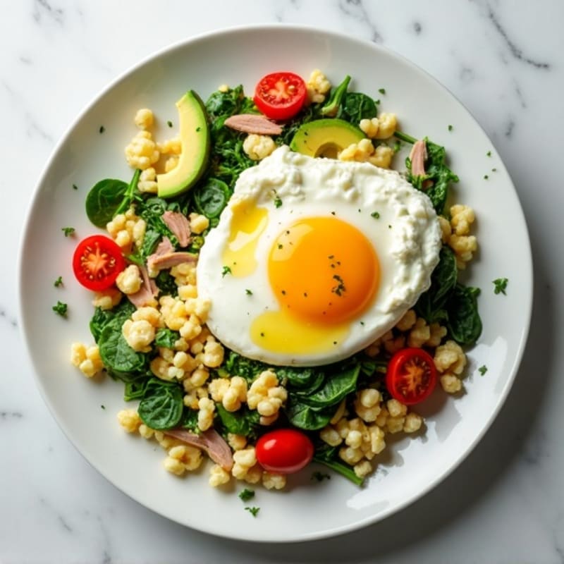 Egg White and Spinach Scramble with Cottage Cheese and Sliced Turkey