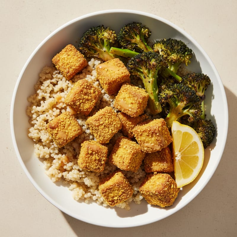 Crispy Tofu and Quinoa Power Bowl with Roasted Broccoli