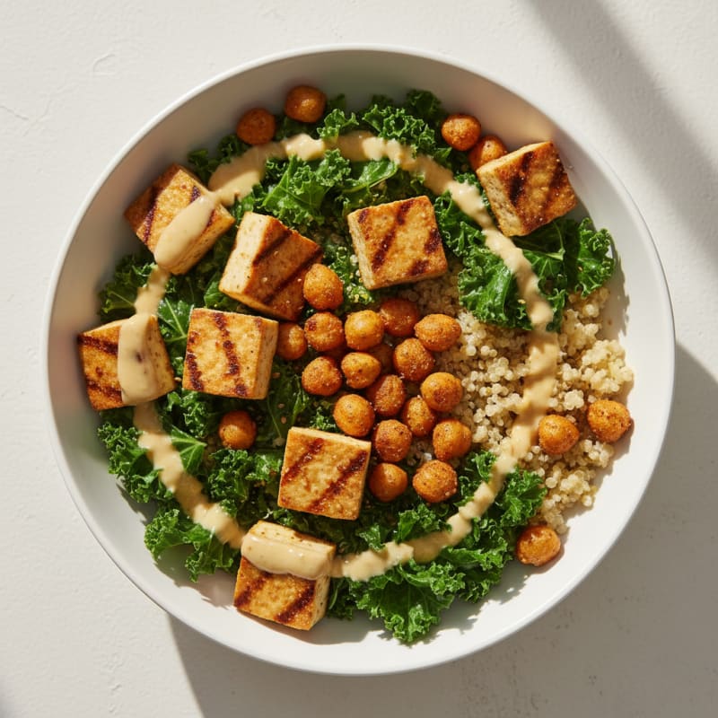 Grilled Tofu and Quinoa Power Bowl with Roasted Chickpeas