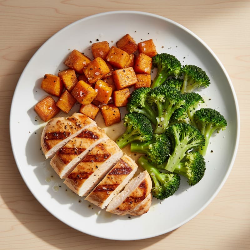 Seared Chicken Breast with Roasted Sweet Potatoes and Steamed Broccoli