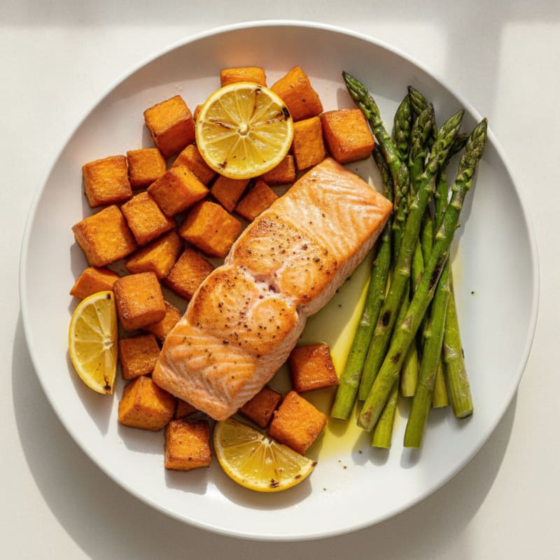 Seared Salmon Fillet with Roasted Sweet Potato and Asparagus