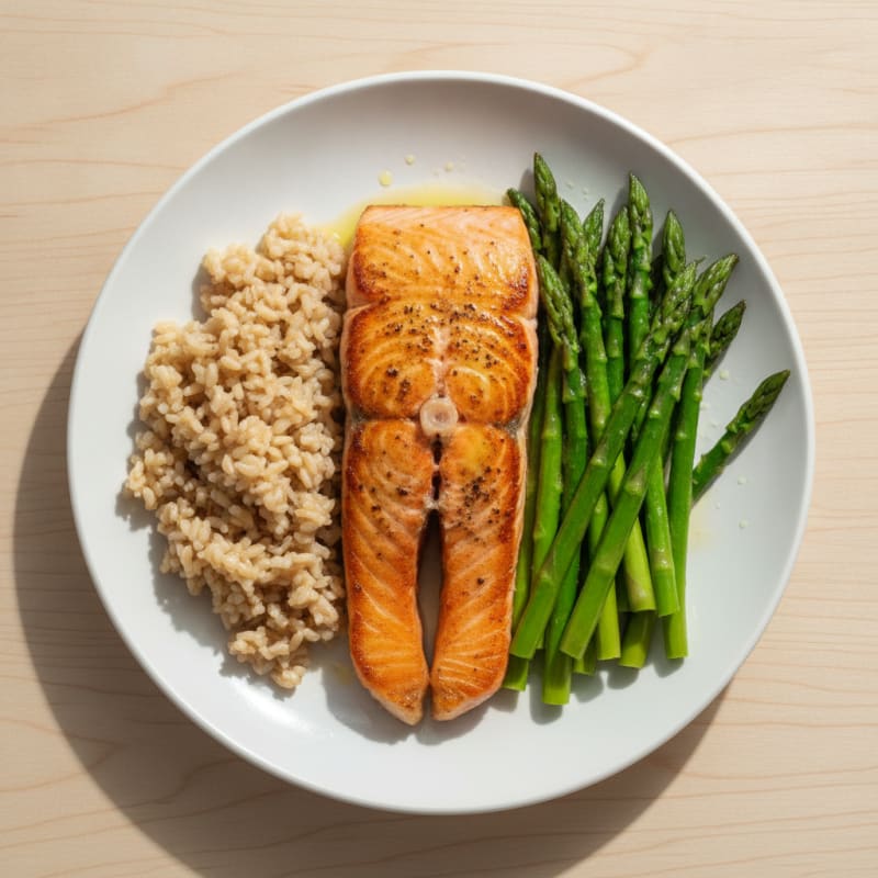 Seared Salmon with Steamed Asparagus and Brown Rice