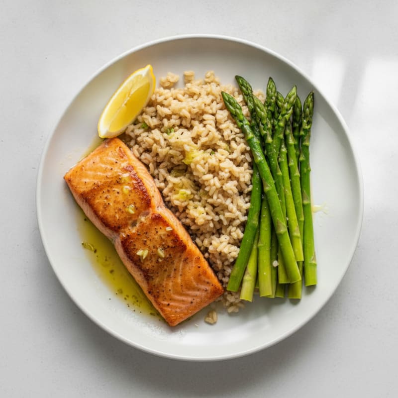 Seared Salmon with Steamed Asparagus and Brown Rice