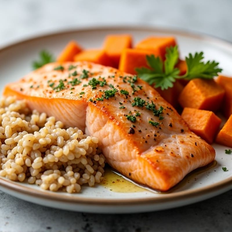 Lemon Garlic Roasted Salmon with Roasted Sweet Potatoes and Brown Rice