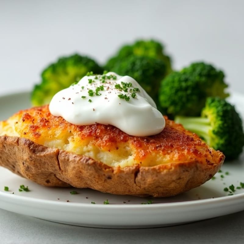 Crispy Baked Potato with Lean Chicken, Steamed Broccoli, and Creamy Greek Yogurt Topping
