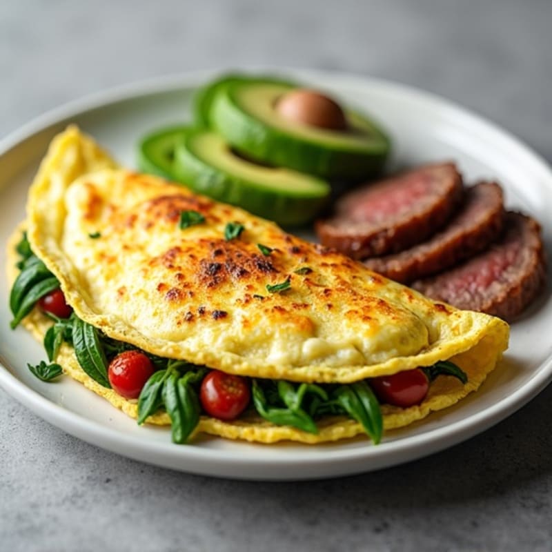 Egg White Omelette with Spinach, Turkey Sausage & Steak Medallion with Avocado