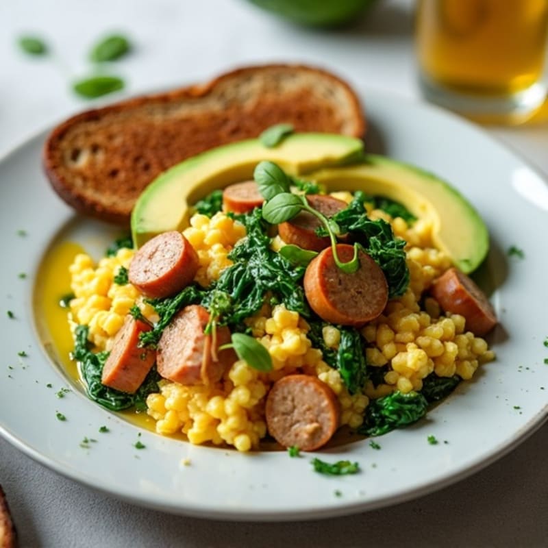 Cottage Cheese Scramble with Turkey Sausage and Spinach