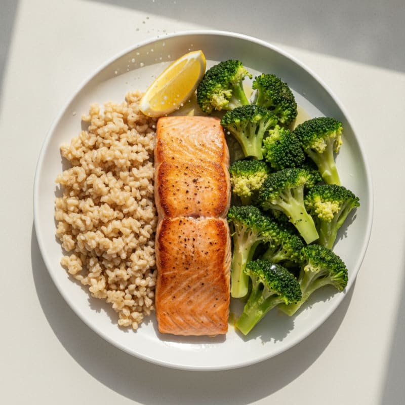Seared Salmon with Steamed Broccoli and Brown Rice