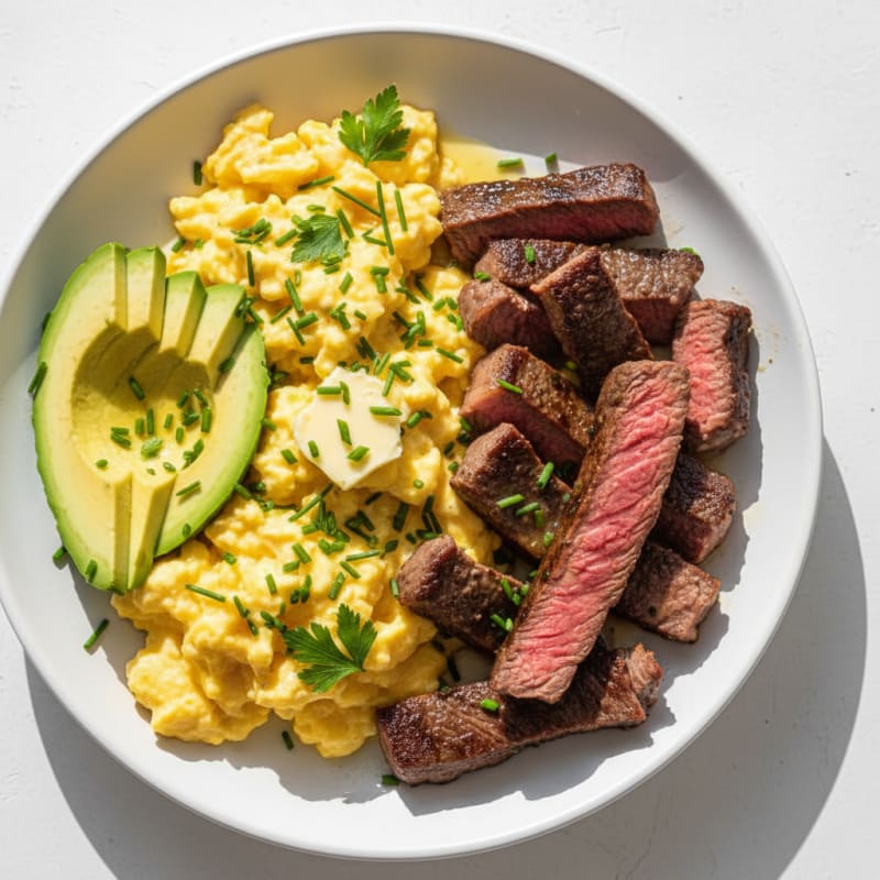 Scrambled Eggs with Seared Steak and Fresh Herbs