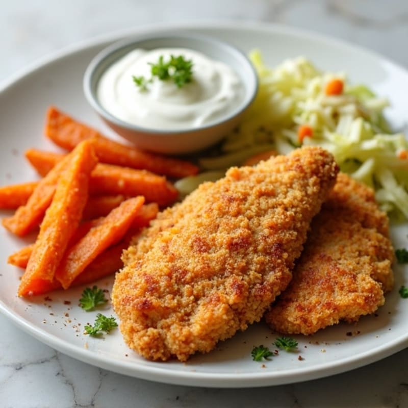 Crispy Baked Chicken Tenders with Roasted Sweet Potato Fries and Creamy Coleslaw