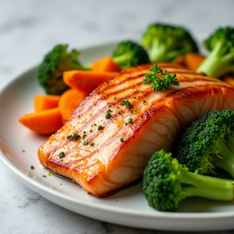 Seared Salmon with Roasted Sweet Potatoes and Steamed Broccoli