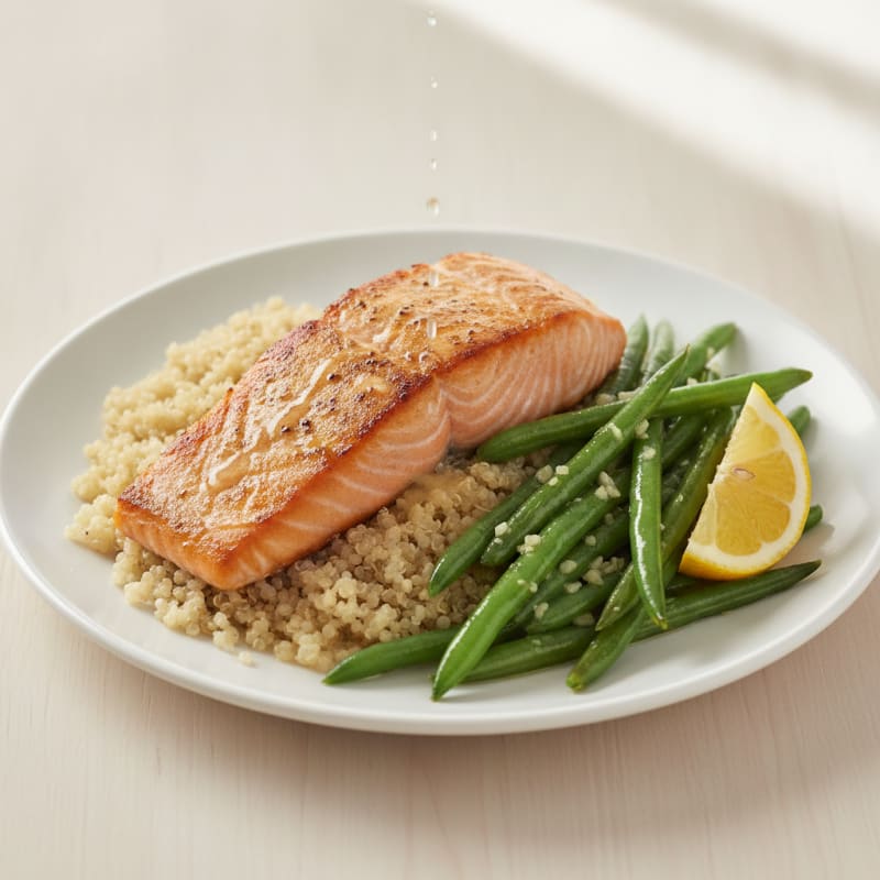 Seared Salmon Fillet with Garlic Green Beans and Quinoa