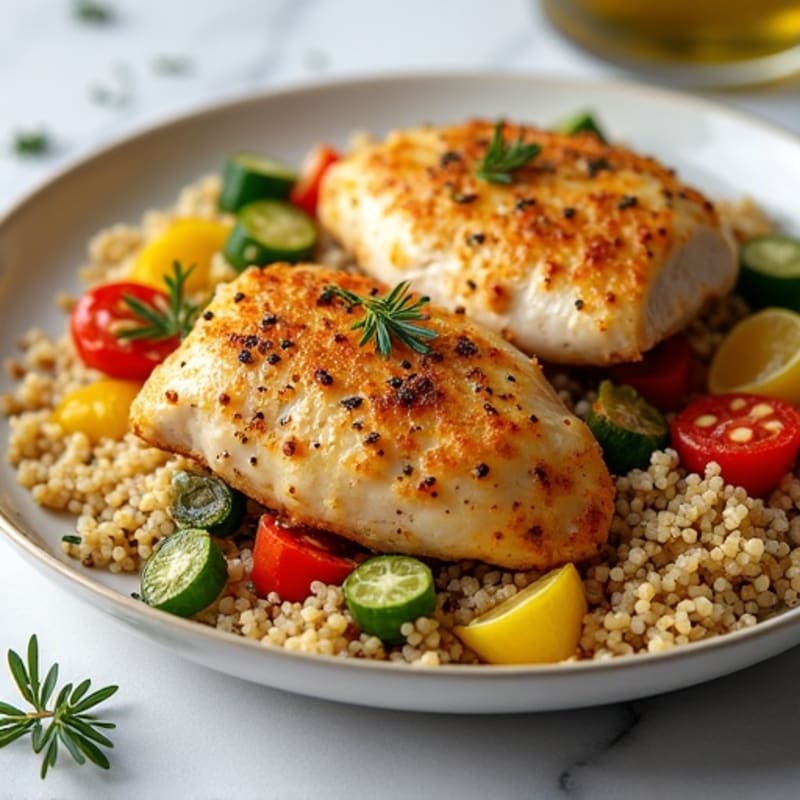 Crispy Lemon-Herb Roasted Chicken with Fluffy Quinoa and Roasted Vegetables