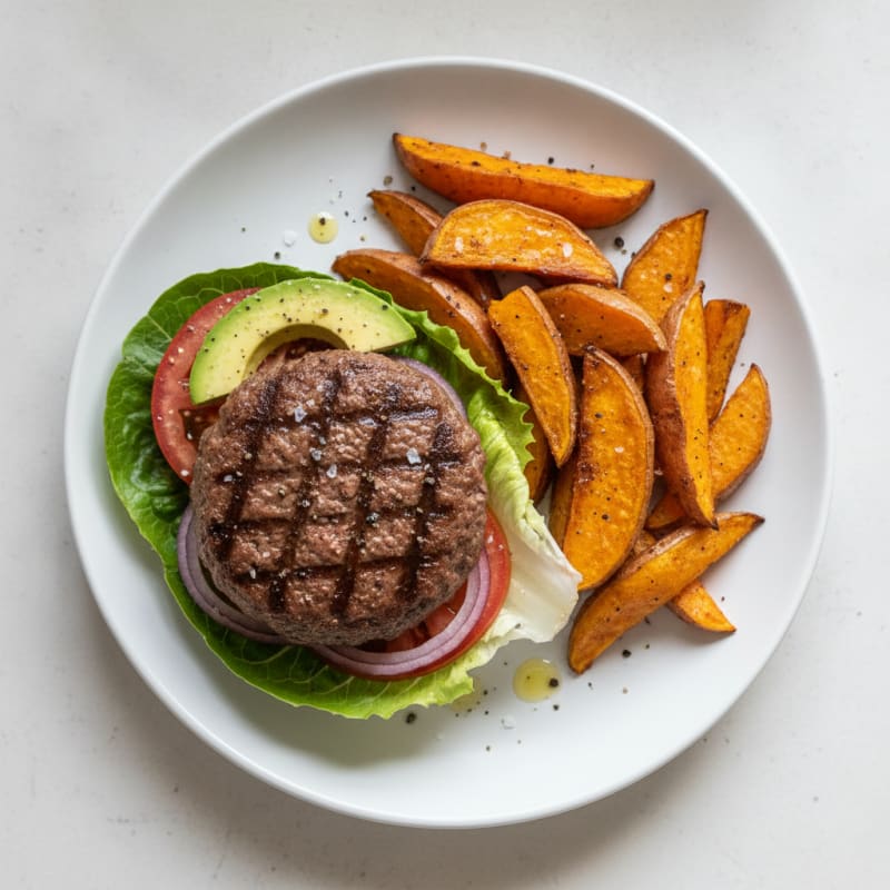 Gluten-Free Beef Burger with Roasted Sweet Potatoes
