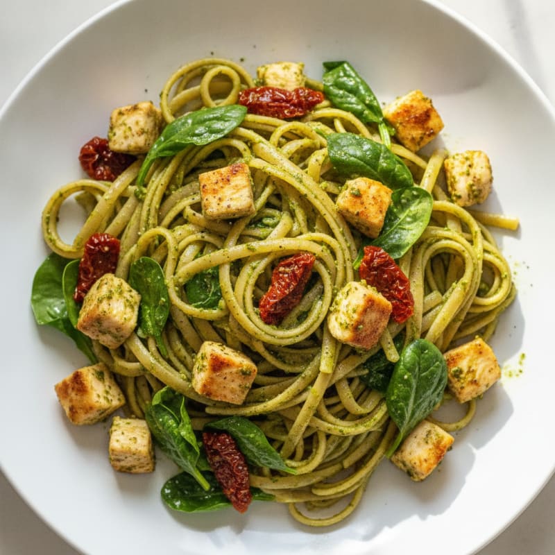 Pesto Chicken Linguine with Sun-Dried Tomatoes
