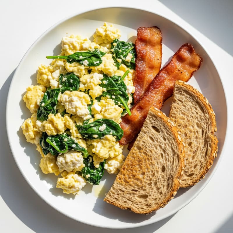 Cottage Cheese Egg Scramble with Spinach and Turkey Bacon