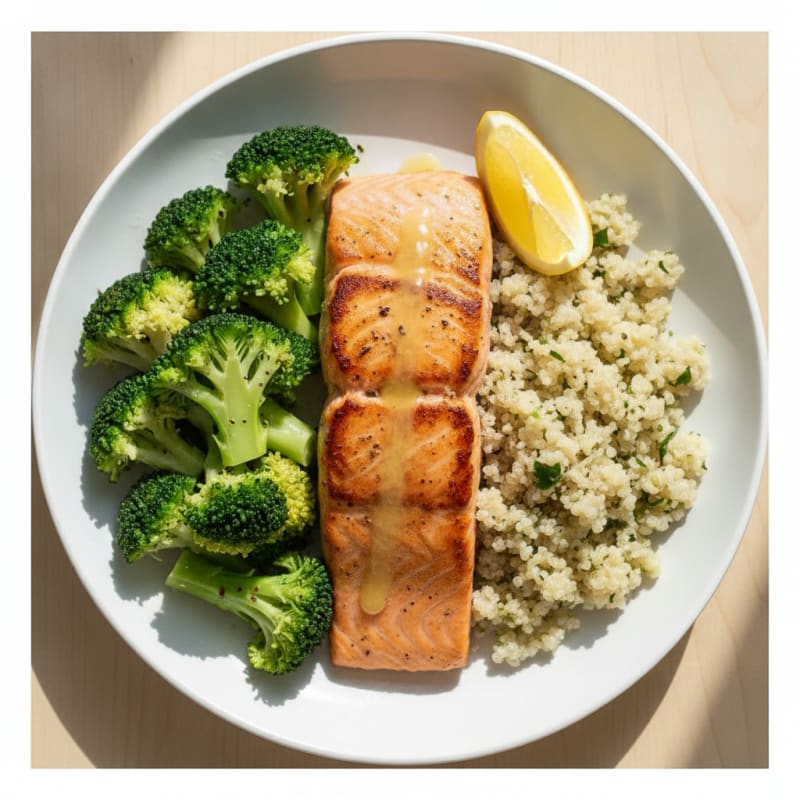 Seared Salmon with Steamed Broccoli and Quinoa
