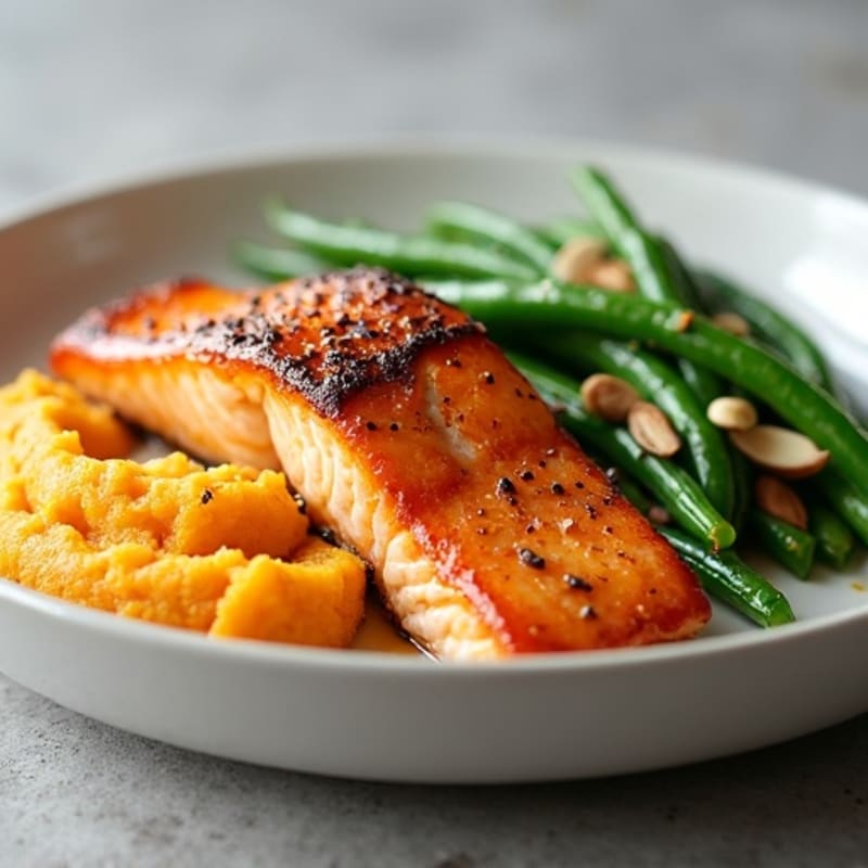 Seared Salmon with Garlic Green Beans and Mashed Sweet Potato
