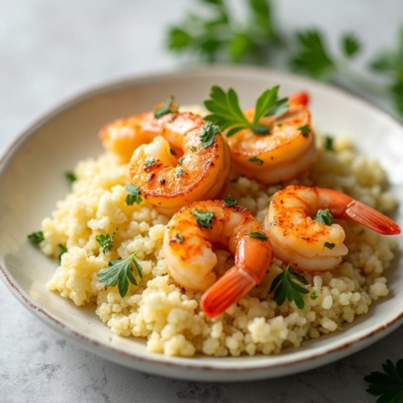 Garlic-Lemon Pan Seared Shrimp with Herb Caulirice