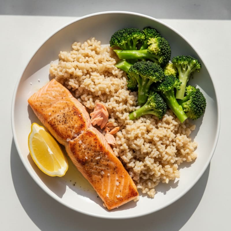 Seared Salmon with Steamed Broccoli and Brown Rice