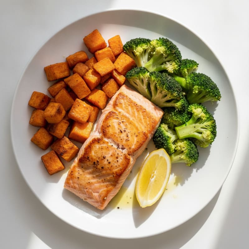 Seared Salmon Fillet with Roasted Sweet Potato and Steamed Broccoli
