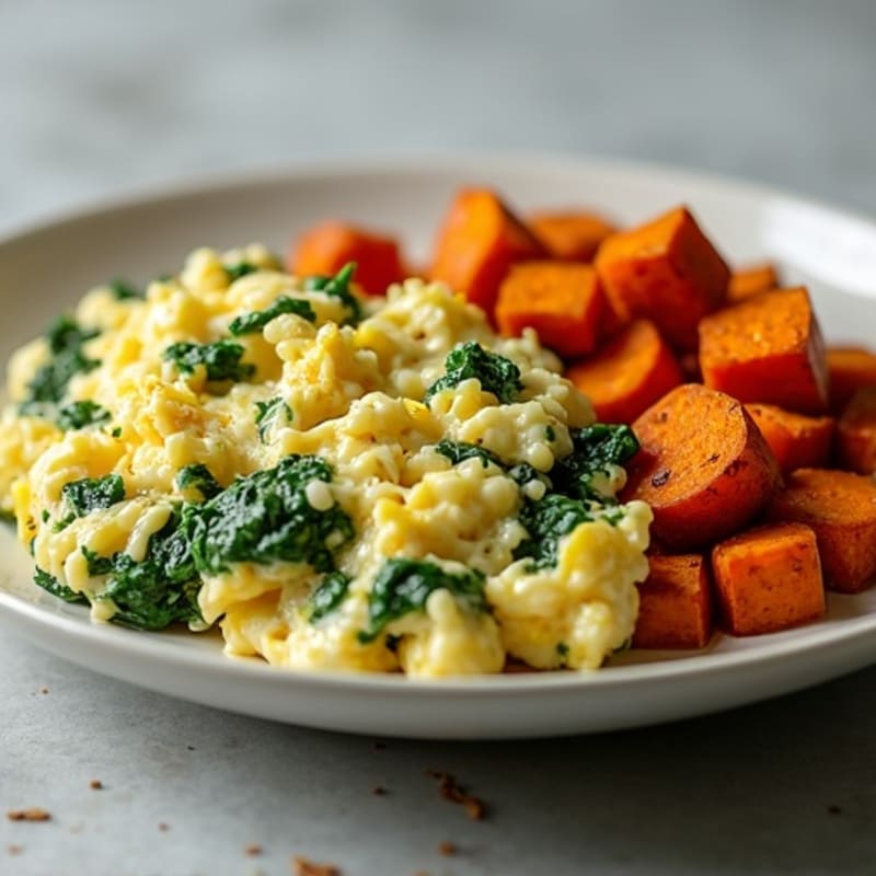 Fluffy Egg and Spinach Scramble with Roasted Sweet Potatoes