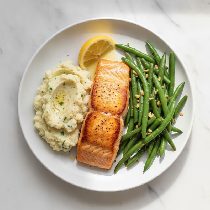 Seared Salmon with Garlic Green Beans and Mashed Cauliflower