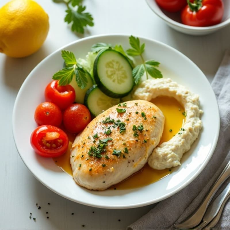 Lemon Herb Chicken with Creamy Hummus and Fresh Vegetable Platter