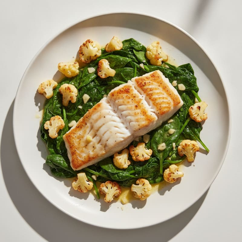 Seared White Fish with Roasted Cauliflower and Spinach