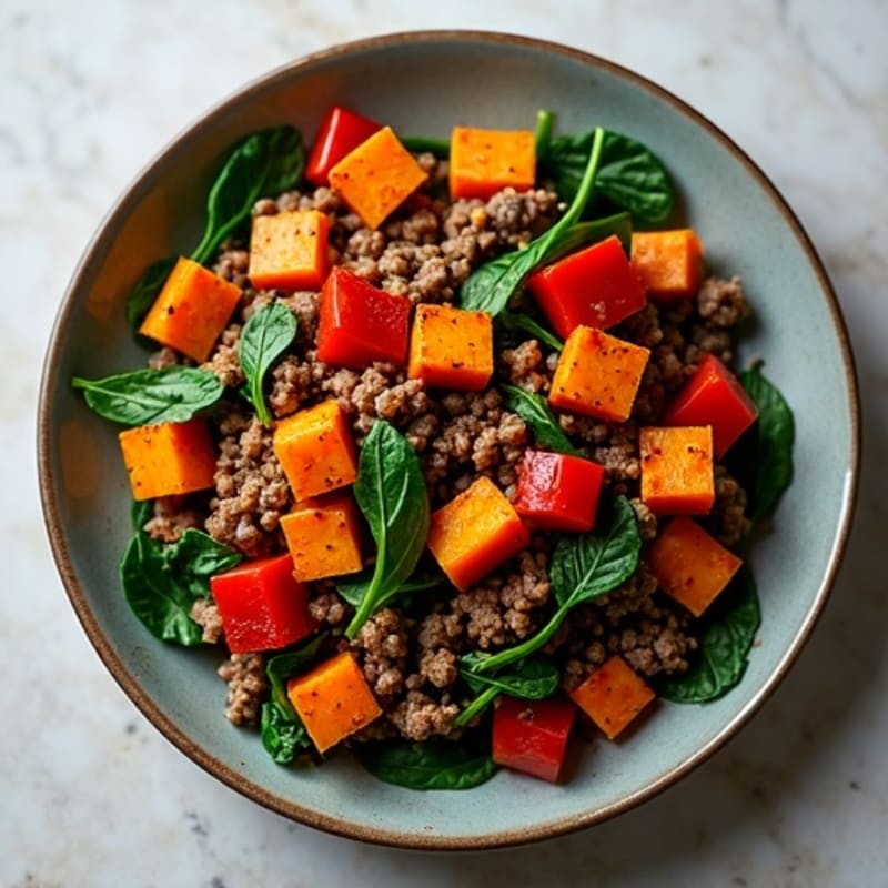 Hearty Ground Beef and Roasted Sweet Potato Skillet