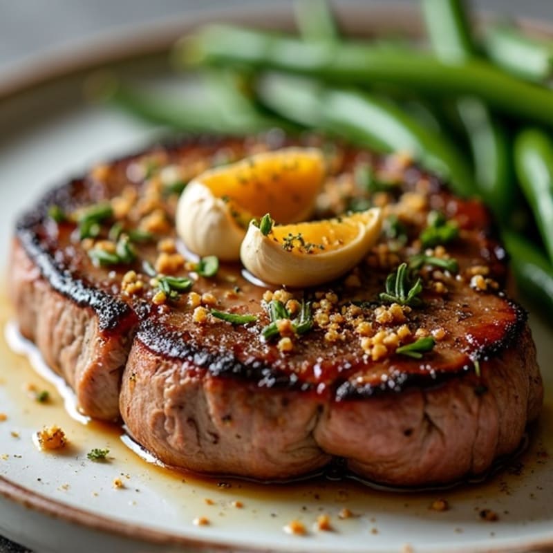 Herb-Crusted Pan Seared Steak with Roasted Garlic