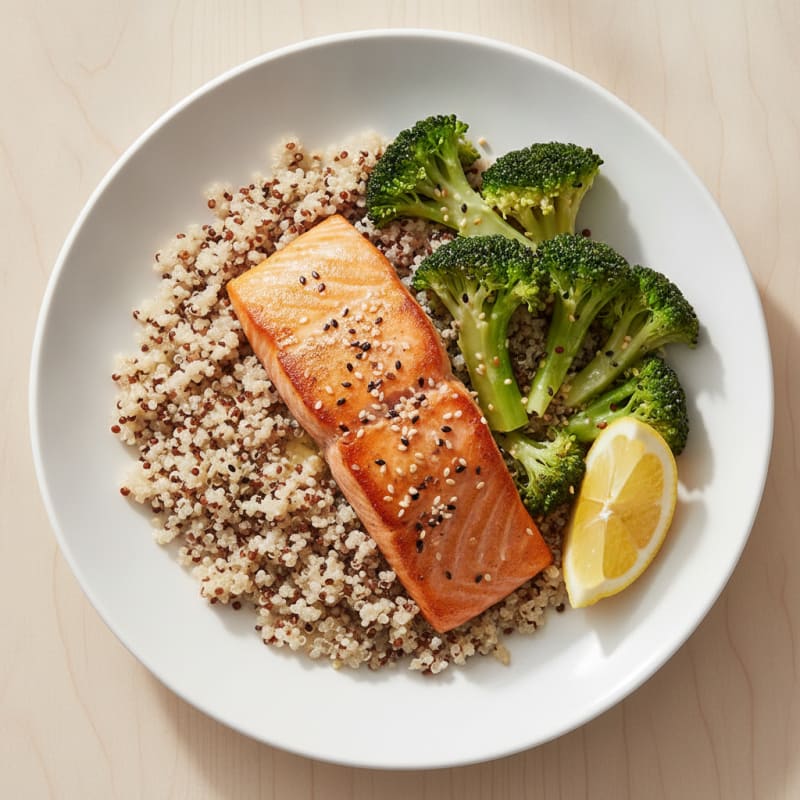 Seared Salmon with Steamed Broccoli and Quinoa