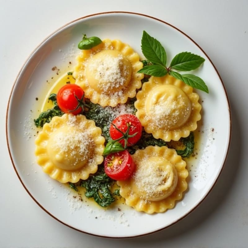 Creamy Spinach Ricotta Ravioli with Herb-Roasted Tomatoes