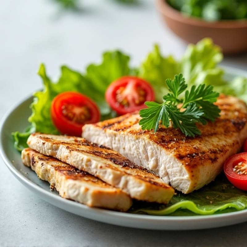 Grilled Chicken Breast with Crisp Romaine and Cherry Tomato Salad
