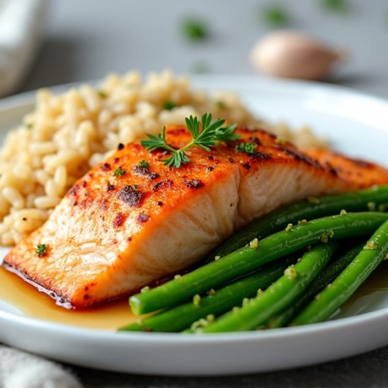 Seared Salmon with Garlic Green Beans and Brown Rice